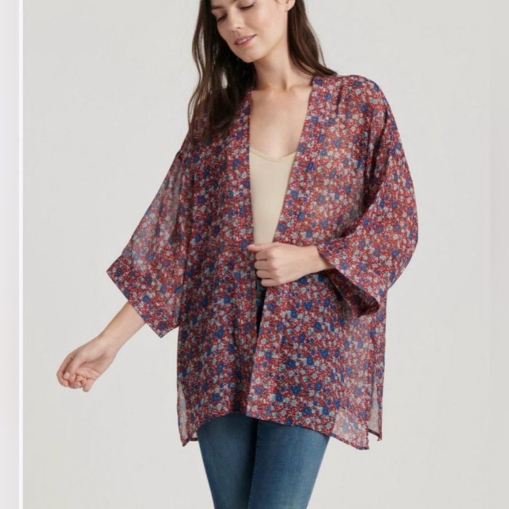 Lucky Brand Floral Sheer Kimono in Burgundy, Blue and Cream